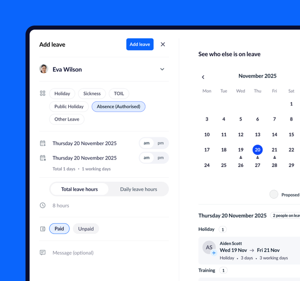 Adding a leave record in RotaCloud, from the perspective of a manager. A leave type of authorised absence is selected, along with a date and the total number of leave hours.