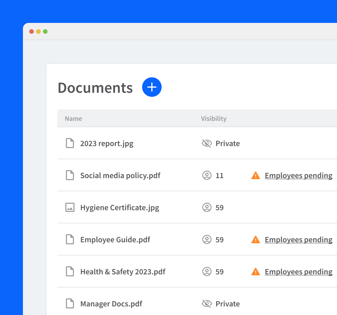Documents screen in RotaCloud showing the acknowledgement status of each document where required.