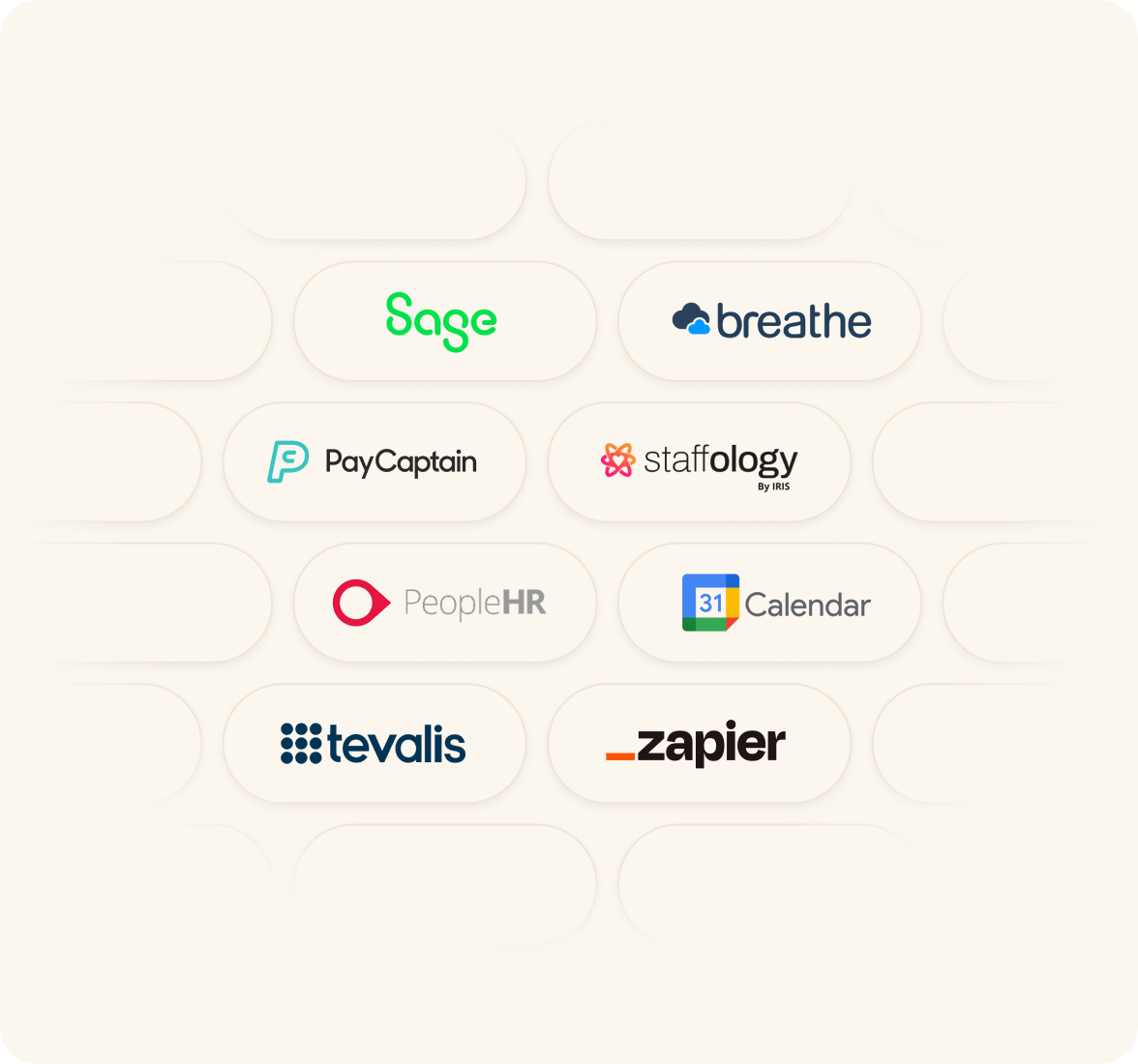 Transparent pills, showing logos for Sage, Breathe, PayCaptain, Staffology, PeopleHR, Google Calendar, Tevalis and Zapier which Rotacloud integrates with.