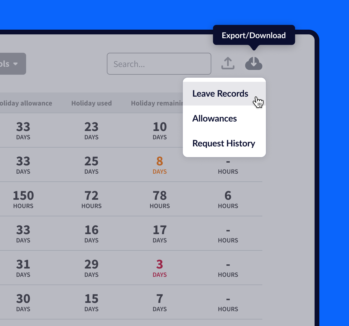 The Export/Download menu in RotaCloud's leave section, with options to download Leave Records, Leave Allowances, and Leave Request History.