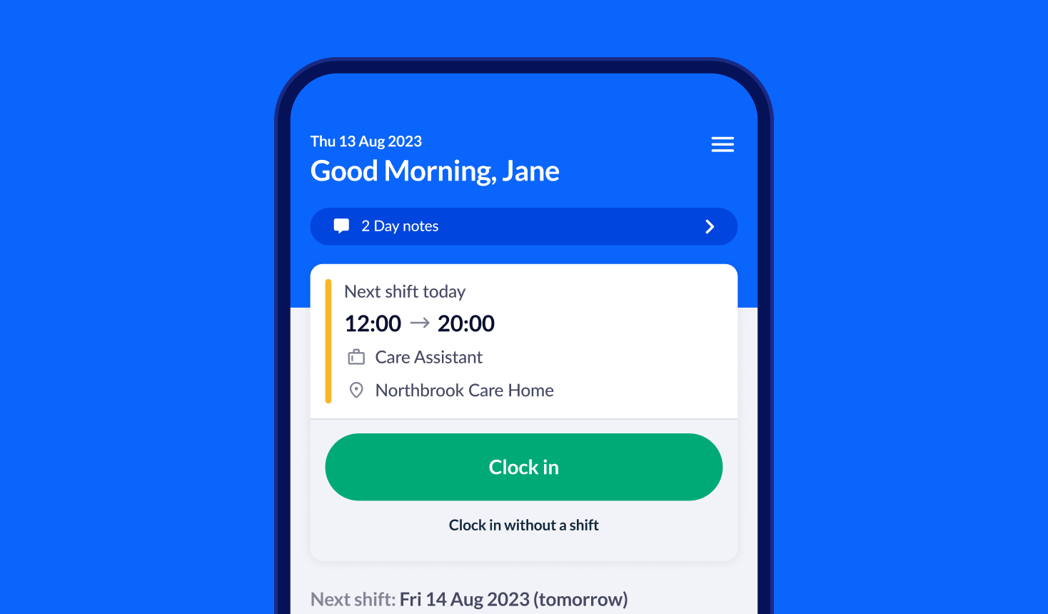 A shift clock-in prompt for a Care Assistant shift on a smartphone screen with green ‘Clock in’ button.