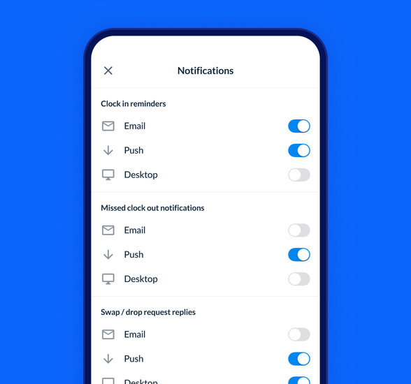 Notifications settings in RotaCloud, including options for how to receive updates including clock in reminders - via email, push, and or Desktop.
