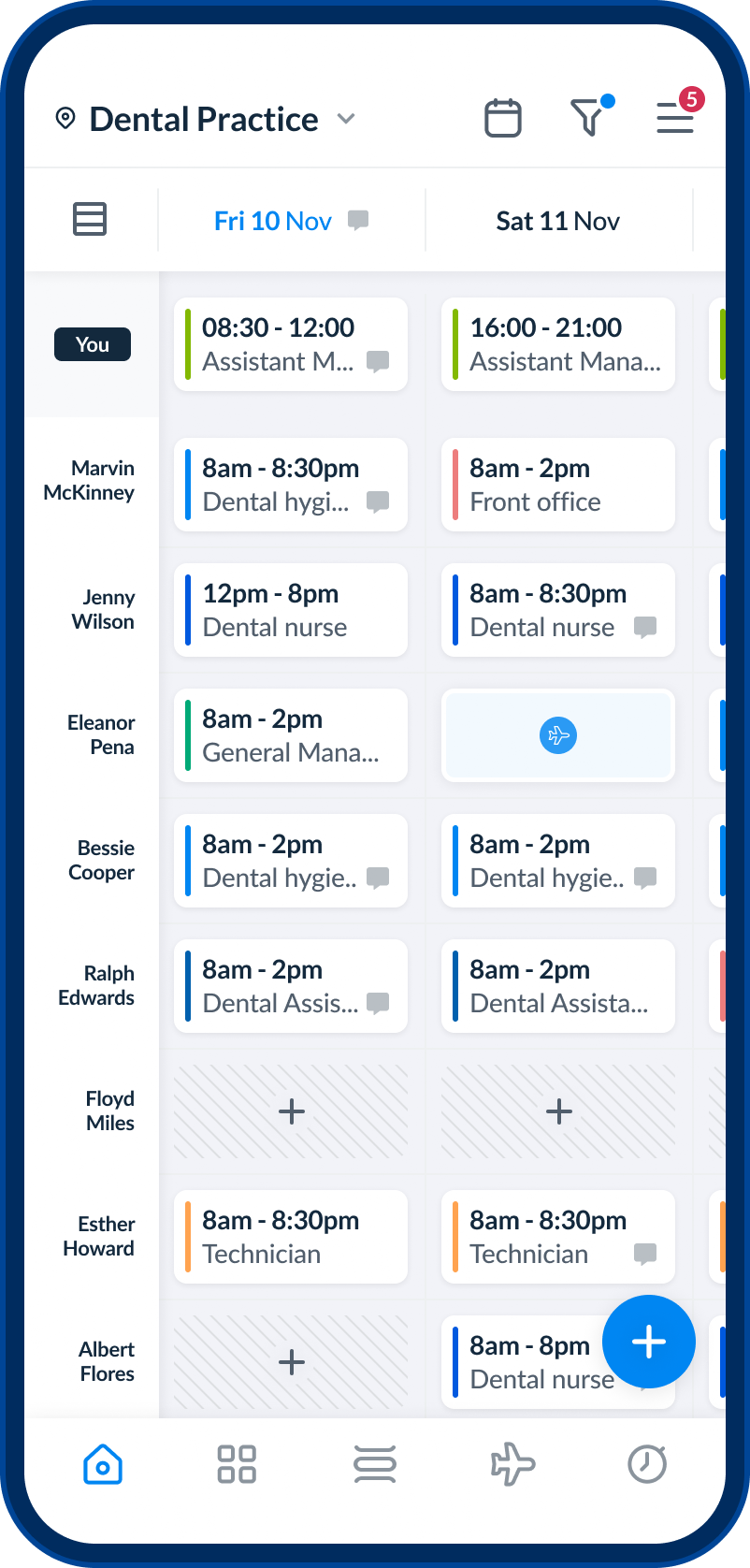 Screenshot of the RotaCloud mobile app showing a Dental Practice's rota, with a grid of colour coded shifts at different times, and also some holiday cards. The row headings on the grid are dates, the column headings are employee names.